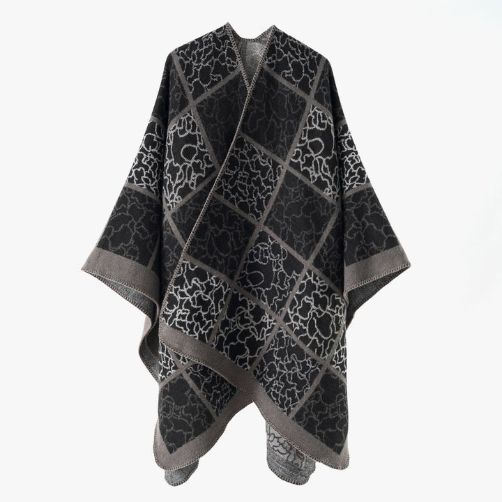 Damen Cape‑Überwurf aus Wollmix mit grafischem Karo‑Jacquard und offener Kimono‑Silhouette Drune