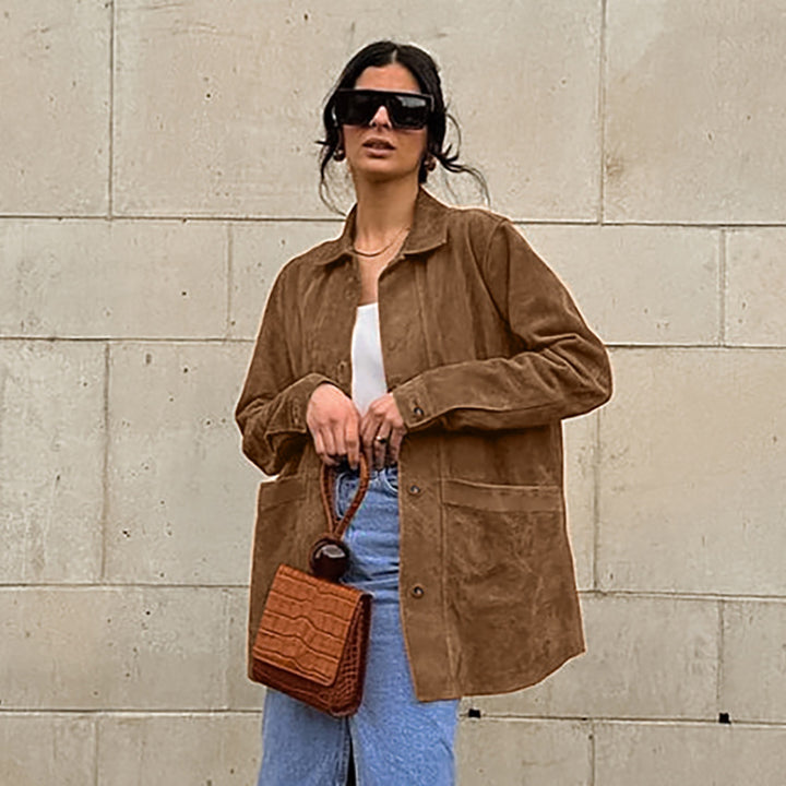 Damen Modische Wildlederjacke mit Druckknopfverschluss und praktischen Taschen Drune