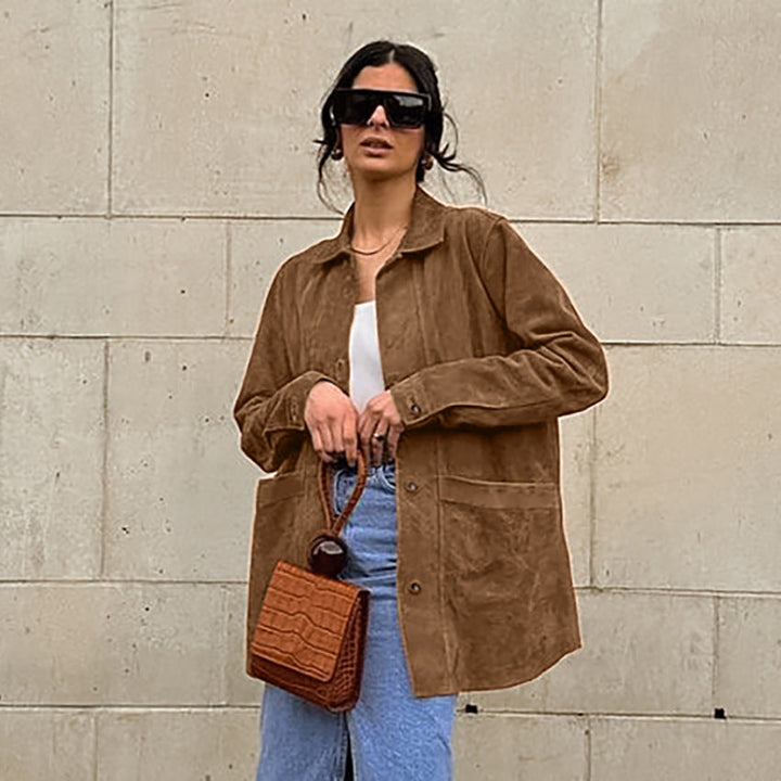 Damen Modische Wildlederjacke mit Druckknopfverschluss und praktischen Taschen Drune