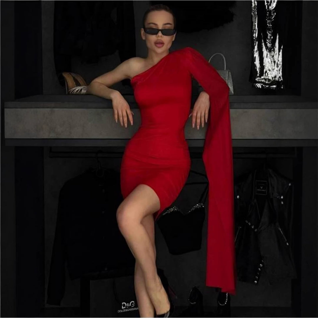 Damen Figurbetontes Kleid mit asymmetrischem Ärmel und elegantem Schnitt Drune