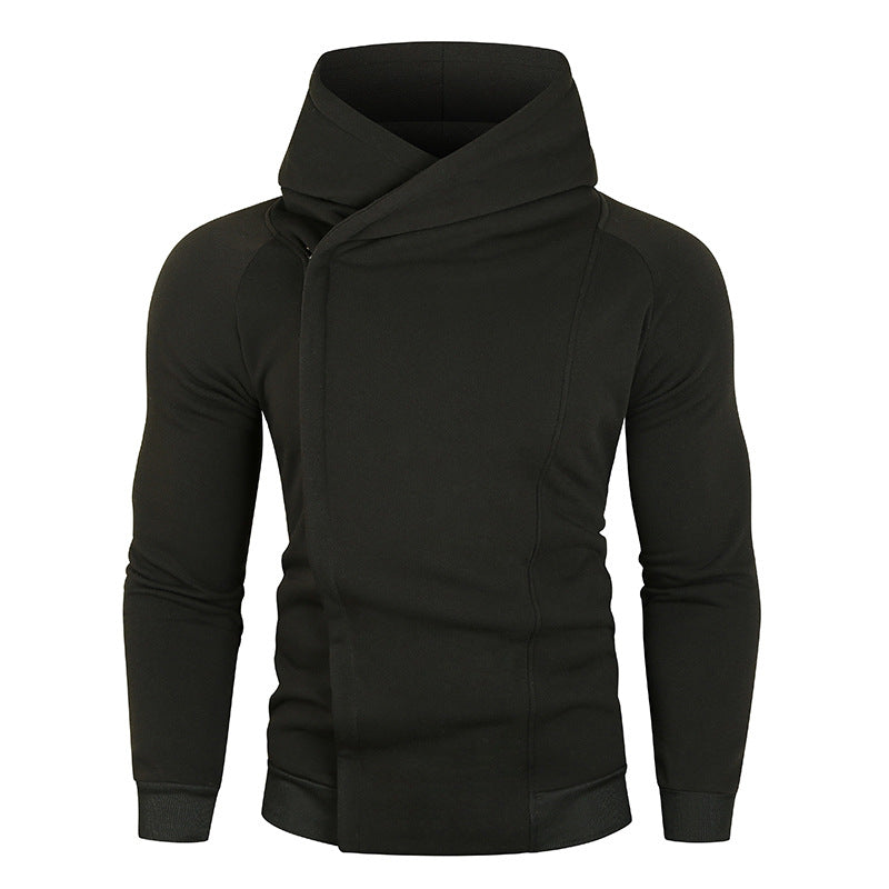 Herren nan asymmetrischer Kapuzenpullover mit Wickelkragen und verdeckter Knopfleiste, schlanke sportive Passform Drune