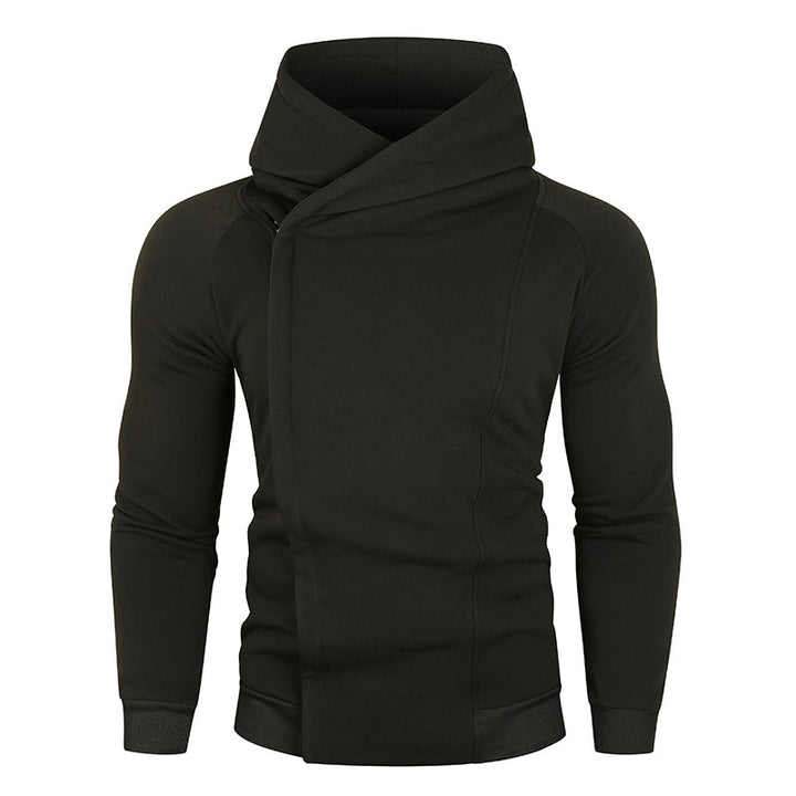 Herren nan asymmetrischer Kapuzenpullover mit Wickelkragen und verdeckter Knopfleiste, schlanke sportive Passform Drune