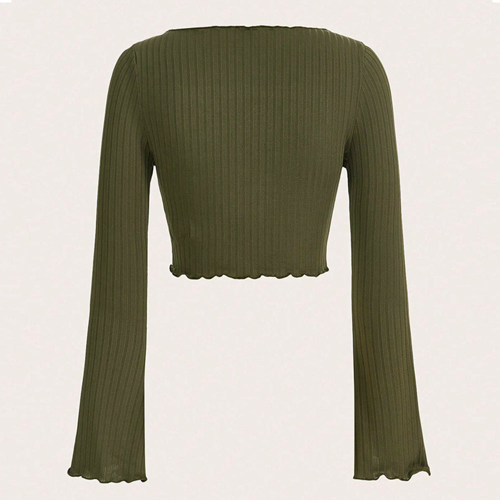 Damen fein geripptes Cropped-Longsleeve mit asymmetrischem Wellensaum und Cut-Out Drune