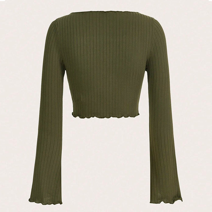 Damen fein geripptes Cropped-Longsleeve mit asymmetrischem Wellensaum und Cut-Out Drune