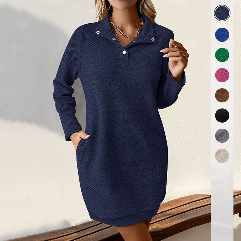 Damen Lässiges Sweatkleid mit Stehkragen, Druckknopfblende und Eingrifftaschen Drune