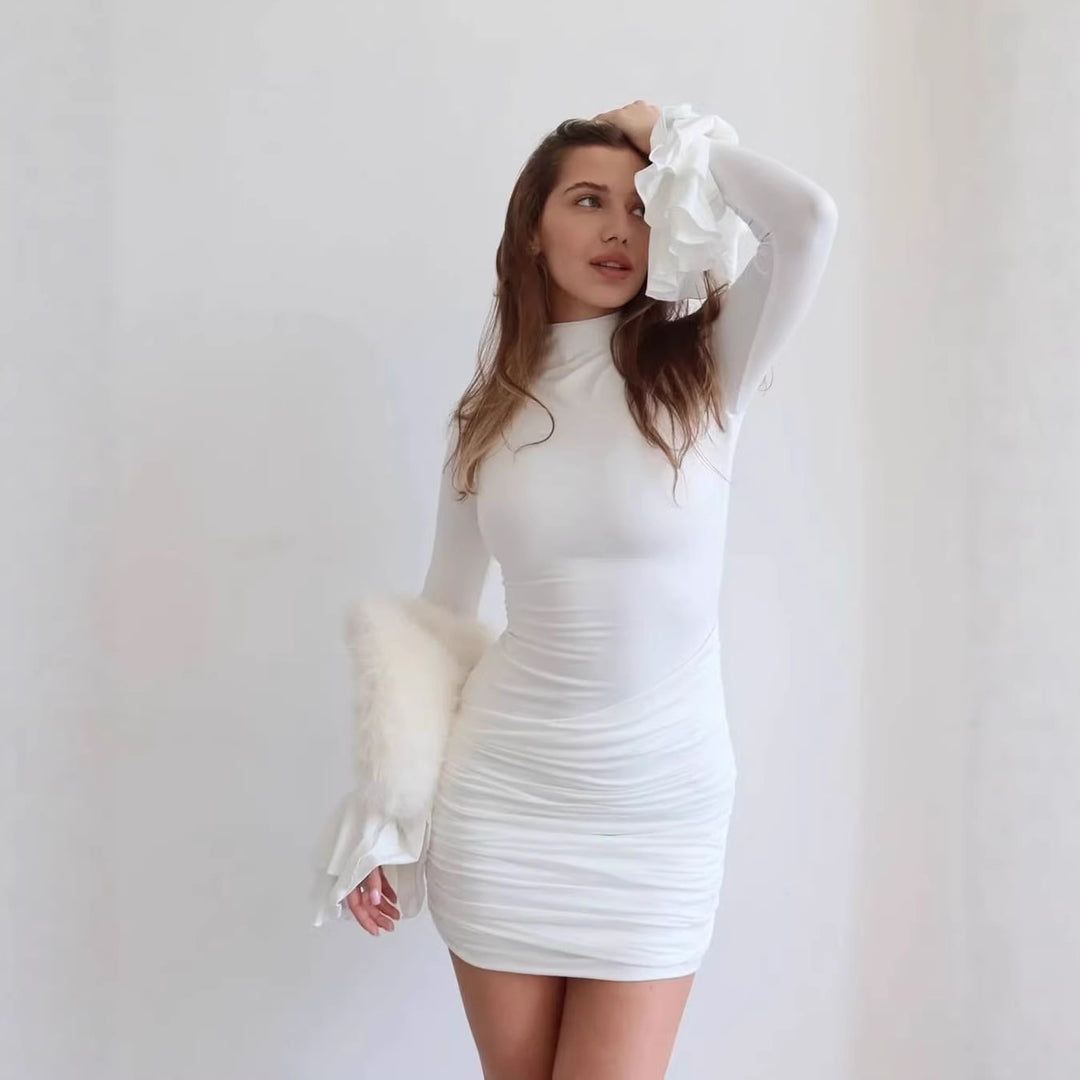 Damen Eng anliegendes Minikleid mit Rüschen-Volantärmeln und geraffter Wickeloptik Drune