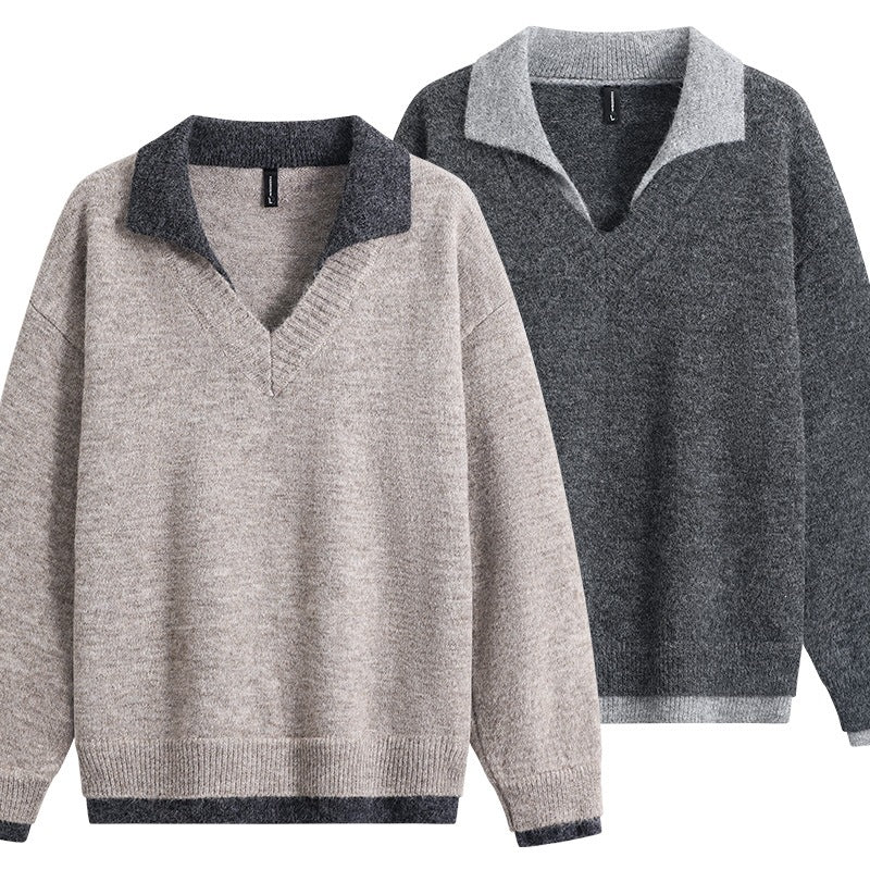 Herren Oversize-Pullover mit kontrastierendem Kragen, V‑Ausschnitt und weichem Fleeceinnenfutter Drune