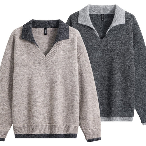 Herren Oversize-Pullover mit kontrastierendem Kragen, V‑Ausschnitt und weichem Fleeceinnenfutter Drune
