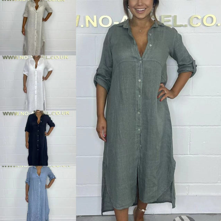 Damen Hemdblusenkleid aus leichtem, atmungsaktivem Leinenstoff mit seitlichen Schlitzen Drune