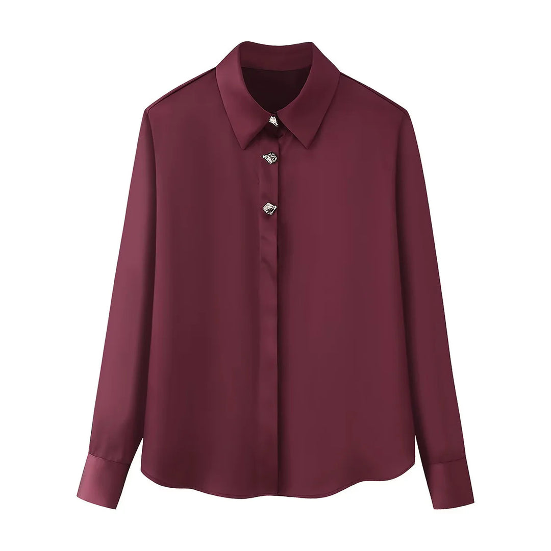 Damen nan seidige Hemdbluse mit Schmuckknöpfen, klassischem Kragen und lockerem Fall Drune
