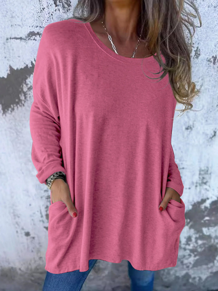 Damen Weiches Oversize Langarmshirt mit Rundhalsausschnitt, Lässigen Ärmeln und Seitentaschen Drune