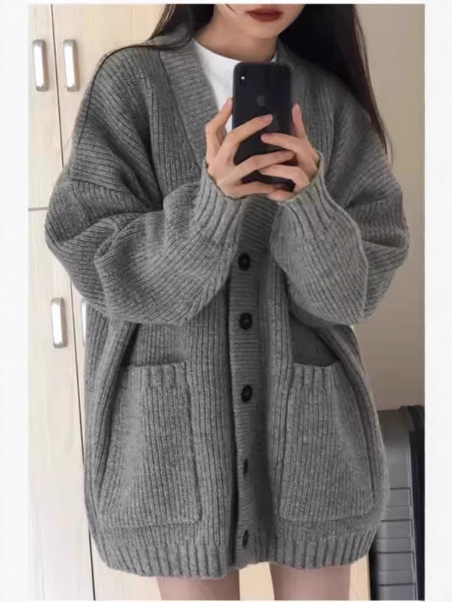 Damen Oversize Strickcardigan mit aufgesetzten Taschen und durchgehender Knopfleiste Drune