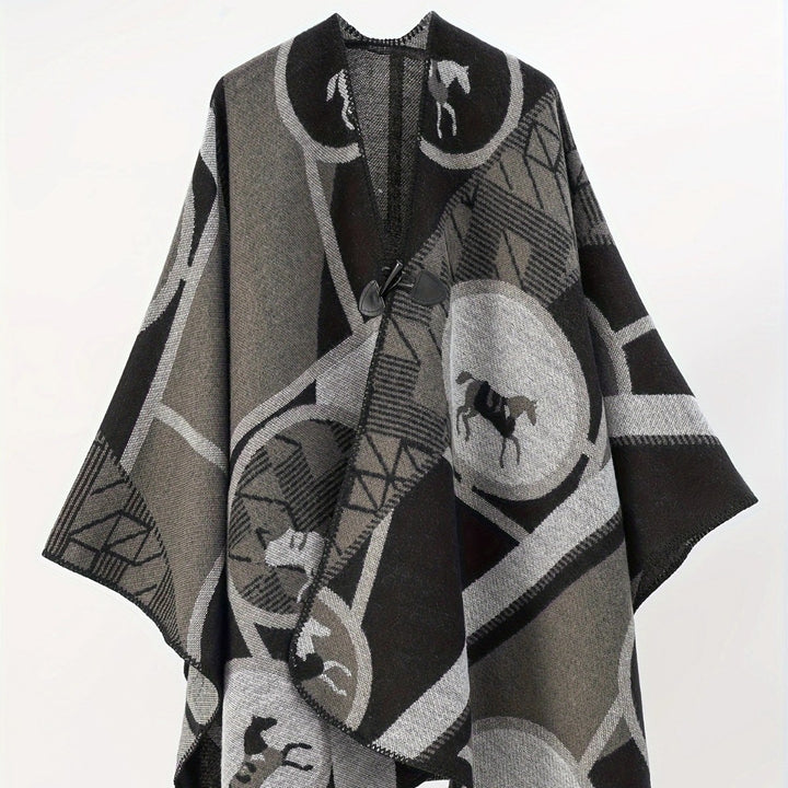 Damen Wollmix-Jacquard-Ruana mit Pferdemotiv, Knebelverschluss und offener Kimono-Silhouette Drune