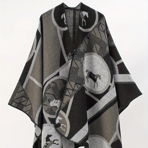 Damen Wollmix-Jacquard-Ruana mit Pferdemotiv, Knebelverschluss und offener Kimono-Silhouette Drune