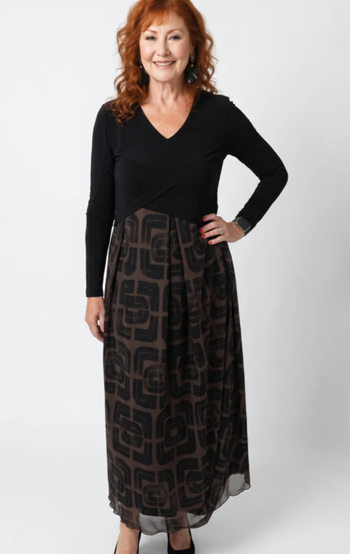 Damen nan V-Ausschnitt Maxikleid mit tailliertem Wickeloberteil und transparentem gemustertem Overlayrock Drune