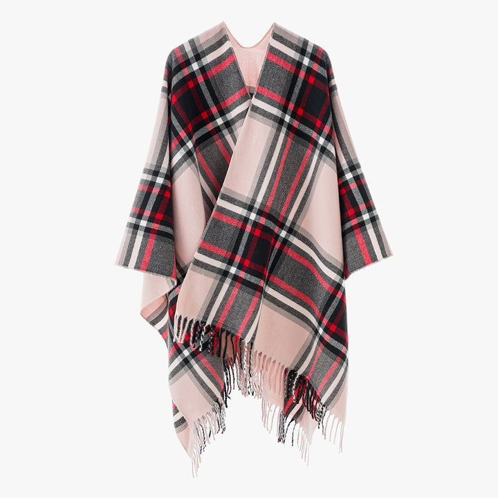 Damen Oversize-Karo-Capeponcho aus Wollmix mit V-Ausschnitt und Fransensaum Drune