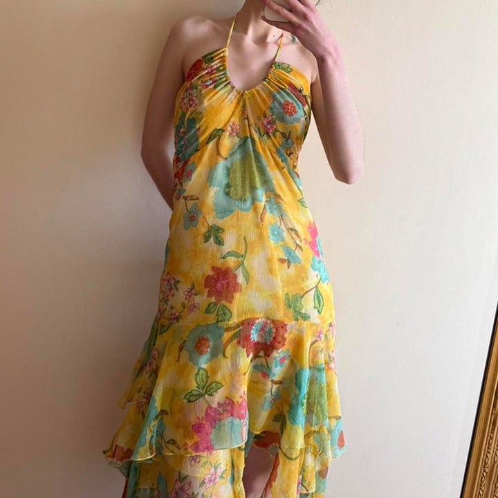 Damen Maxi-Kleid mit floralen Rüschen und tiefem V-Ausschnitt Drune