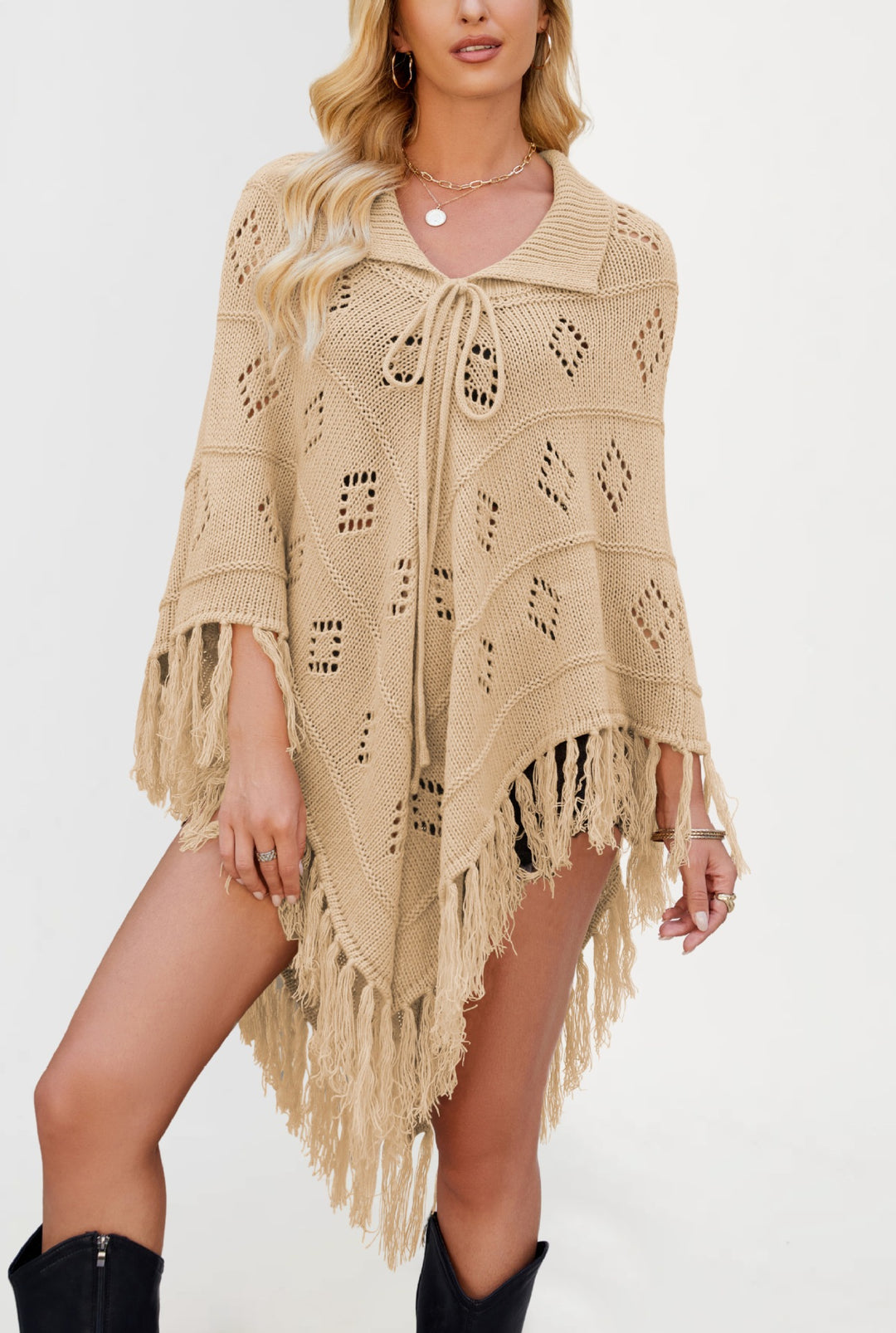 Damen Eleganter Strickponcho mit Fransen und Lochmuster Drune