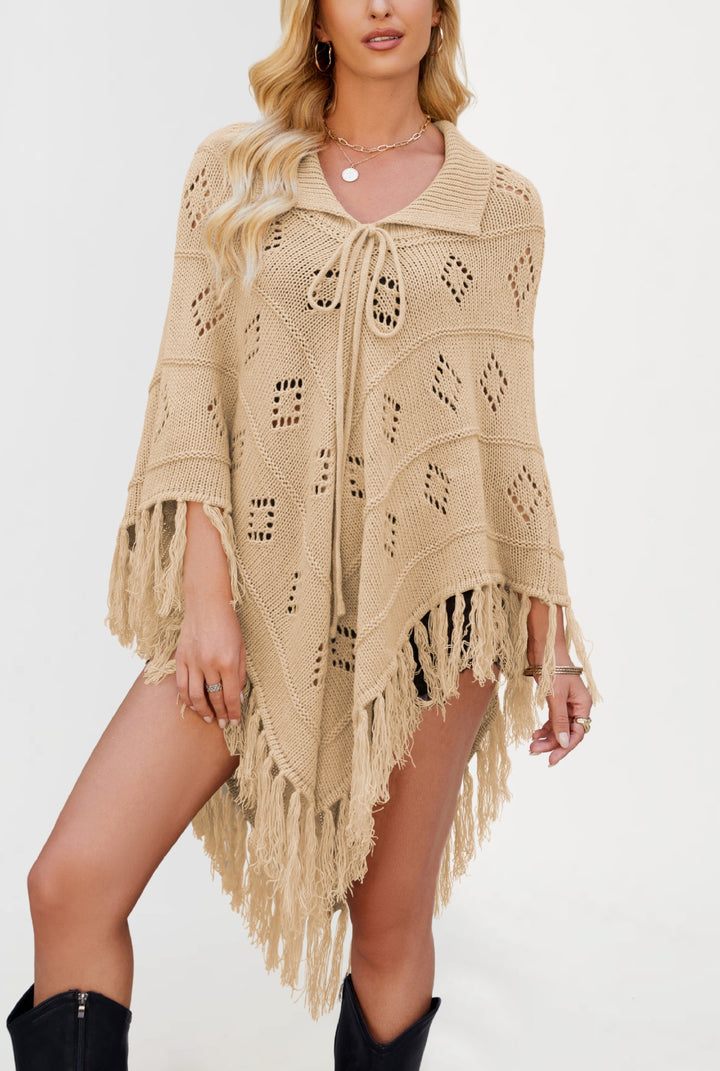 Damen Eleganter Strickponcho mit Fransen und Lochmuster Drune