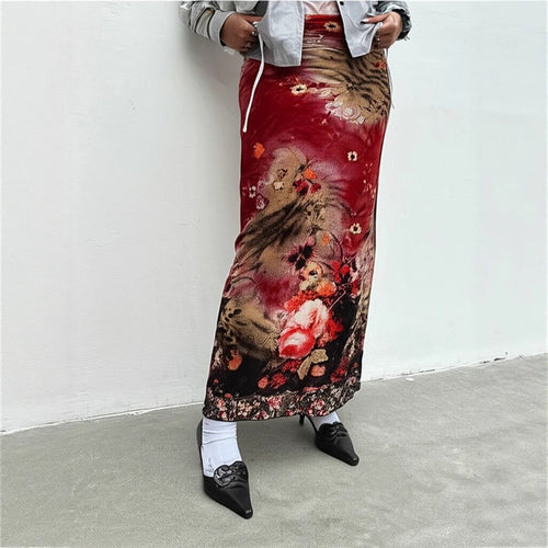 Damen Langes Satin-Chiffon Maxirock mit floralem Aquarellprint Drune