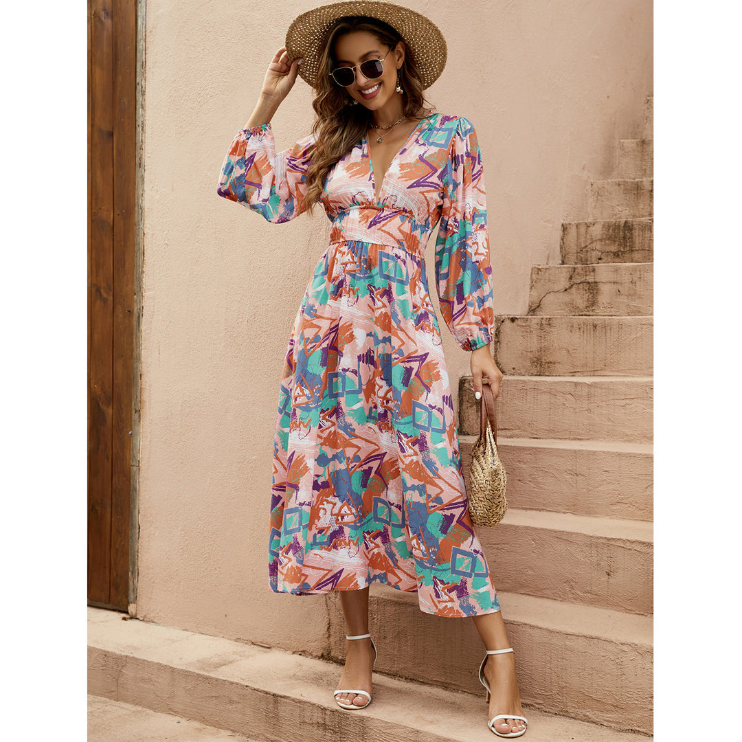 Damen Maxi-Kleid mit tiefem V-Ausschnitt und eleganten langen Ärmeln Drune