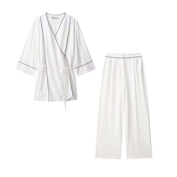 Damen Weite Plisseehose mit hohem Bund, verdeckter Knopfleiste und Kontrastpaspel Drune