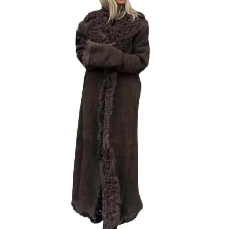 Damen Langer Teddy-Mantel mit luxuriösem Fellbesatz Drune