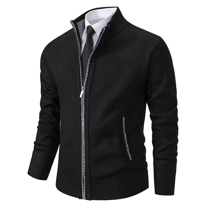 Herren nan melierte Strickzipjacke mit hohem Stehkragen, feiner Struktur und verdeckten Eingrifftaschen Drune