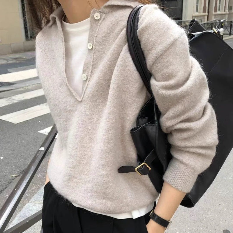 Damen Weicher Kapuzenpullover im Mohair‑Look mit tiefem V‑Ausschnitt und halber Knopfleiste Drune