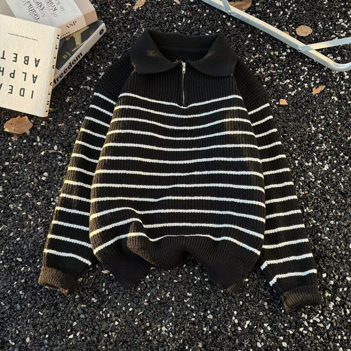 Unisex Grobgestrickter Oversize-Pullover mit halbem Reißverschluss und Polokragen Drune