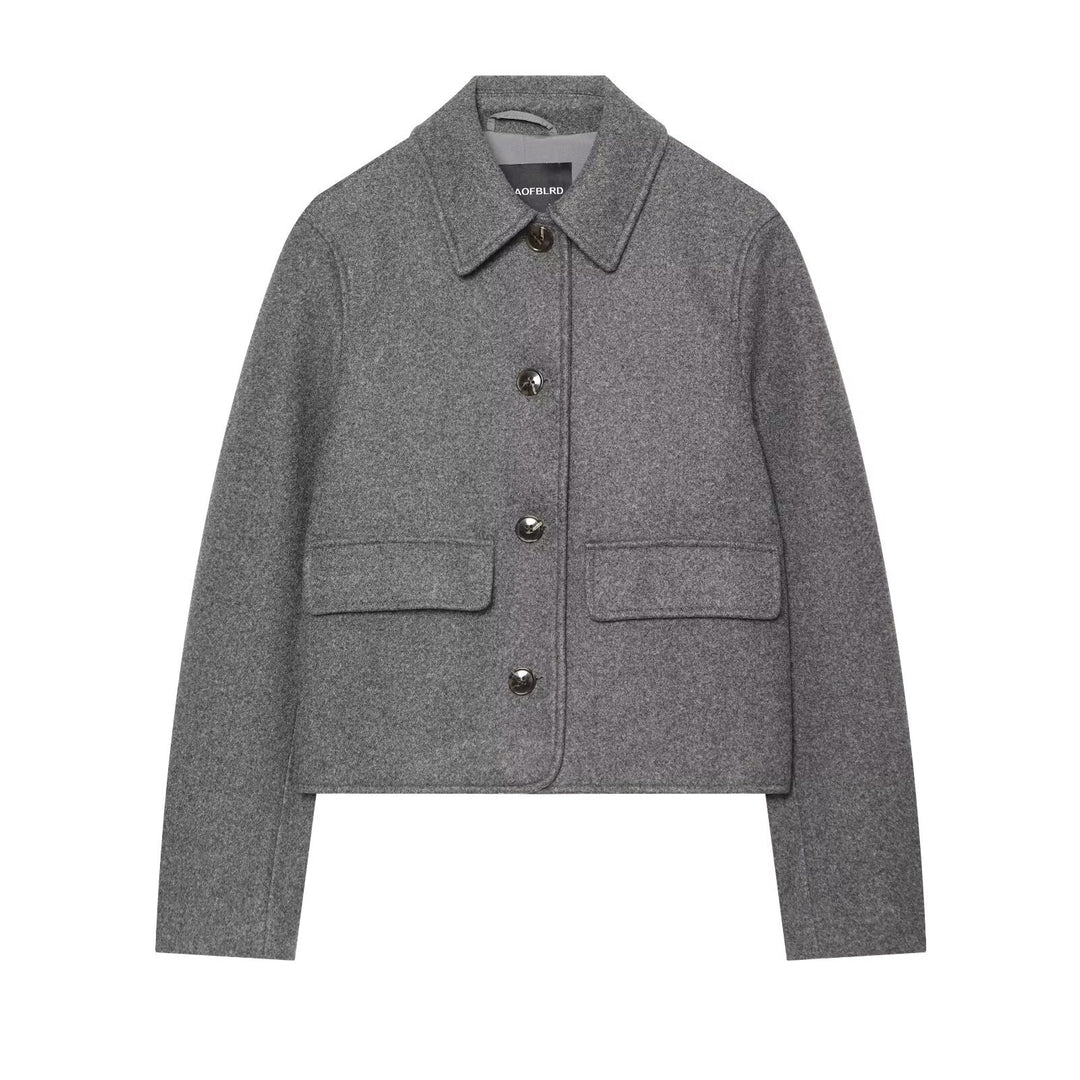 Damen Kurzer boxy Wollblouson mit Hemdkragen und Pattentaschen Drune