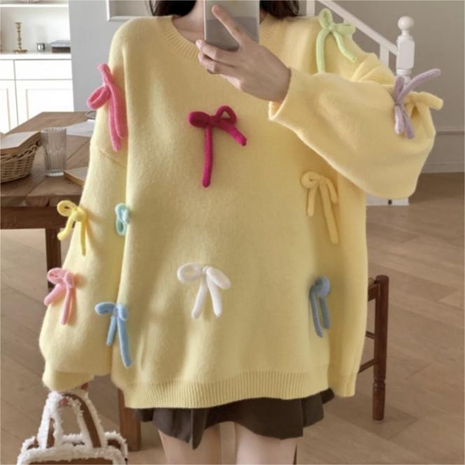 Damen gemütlicher Pullover mit verspielten Schleifen-Applikationen Drune