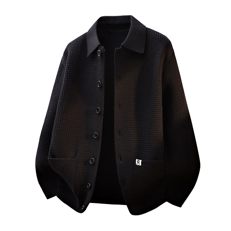 Herren Grobstrukturierte Hemdjacke-Strickcardigan mit Waffelstruktur, Hemdkragen & aufgesetzten Taschen Drune