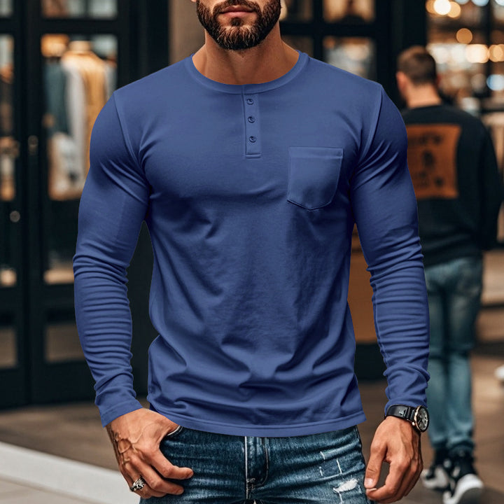 Herren nan schlankes Langarm-Buttonshirt mit kurzer Knopfleiste und Brusttasche Drune