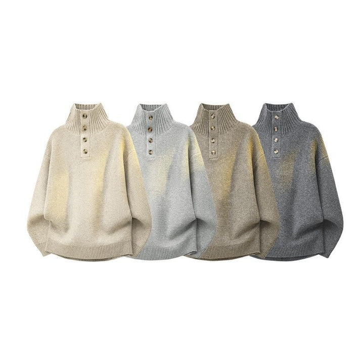 Damen Oversize Grobstrick-Pullover mit Knopfleiste am Stehkragen und Raglanärmeln Drune