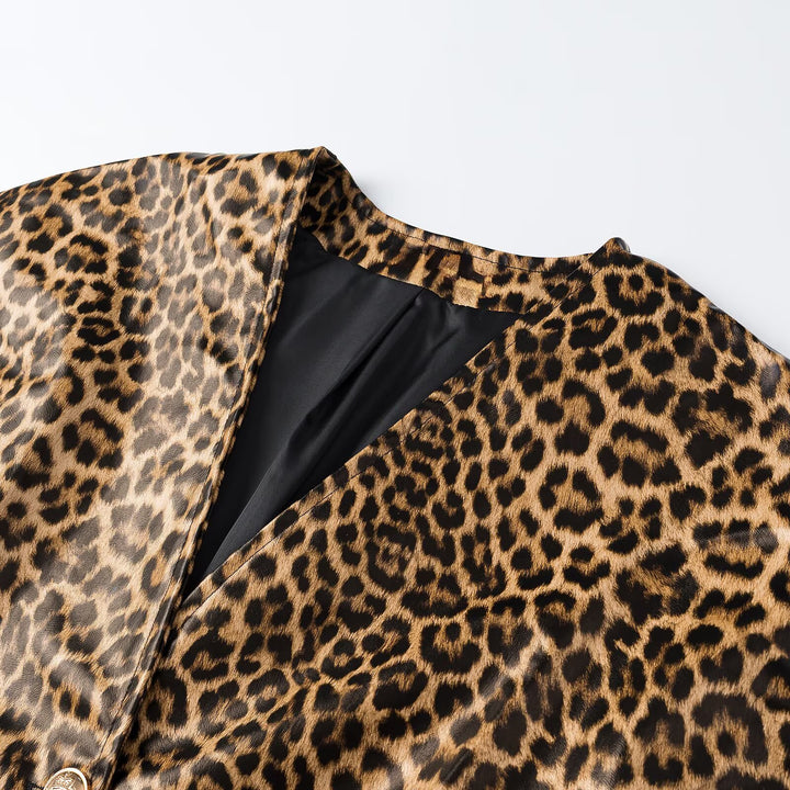 Damen Taillierte Blazerweste mit tiefem V‑Ausschnitt und Leopardenmuster Drune