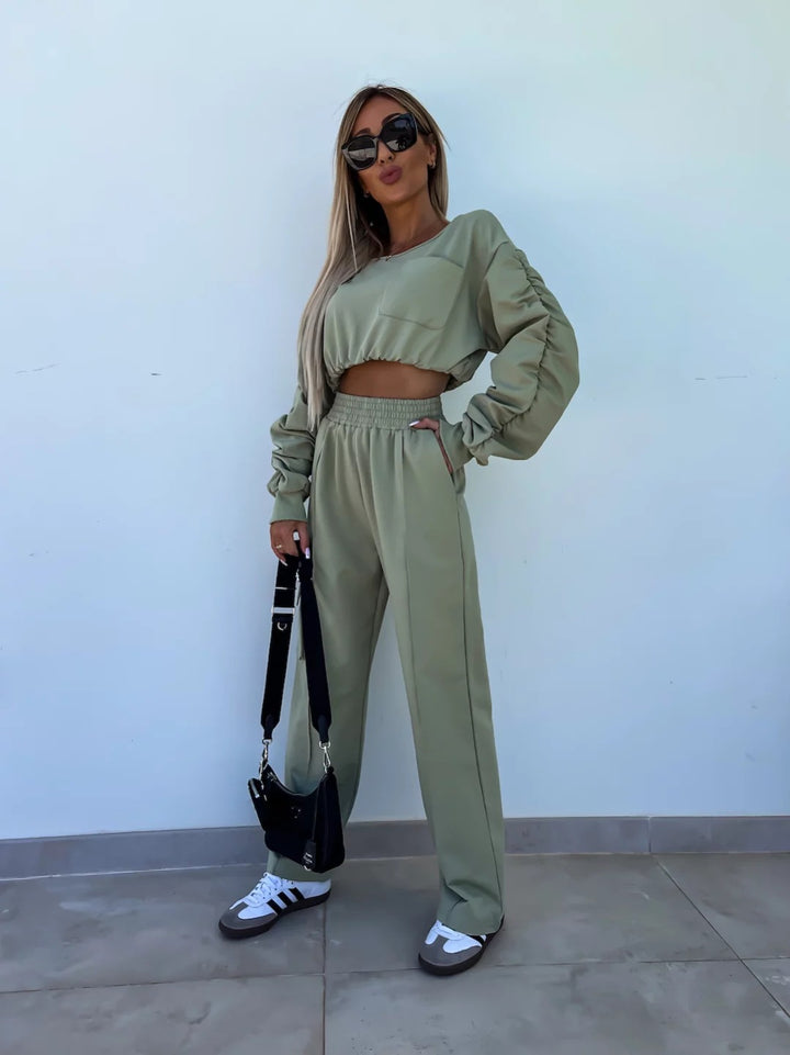 Damen lässiges Set mit cropped Oberteil und weit geschnittener Hose Drune