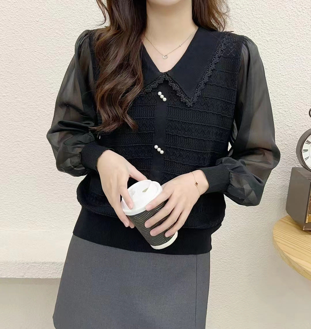 Damen Bluse mit Spitzenkragen und dekorativen Knöpfen