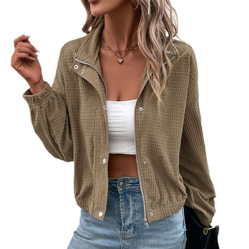 Damen Kurzgeschnittene Waffelstruktur-Übergangsjacke mit Reißverschluss, Stehkragen und elastischen Bündchen Drune