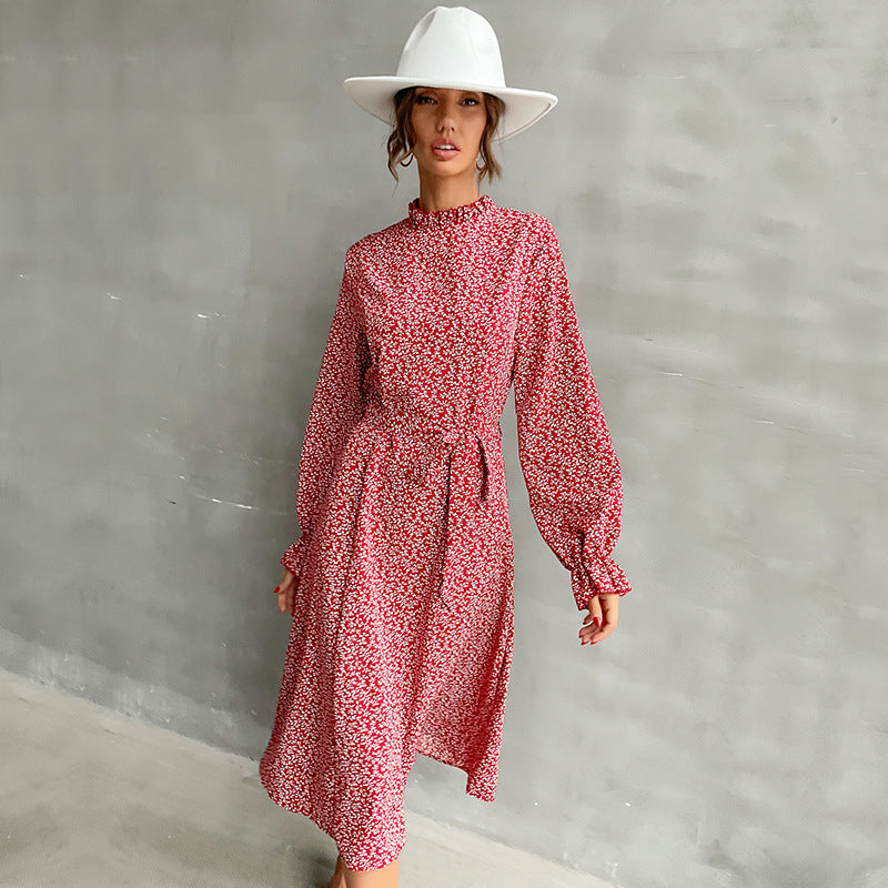 Damen Midikleid mit Stehkragen, Taillengürtel und Volantärmeln Drune
