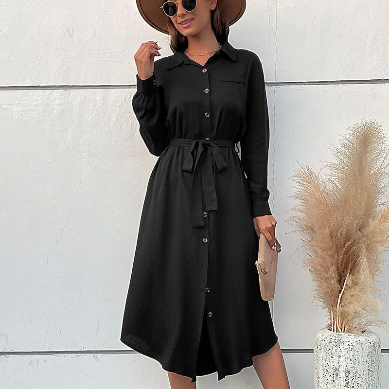 Damen Midikleid im Hemdblusenstil mit durchgehender Knopfleiste, Taillenbindegürtel und langen Ärmeln Drune