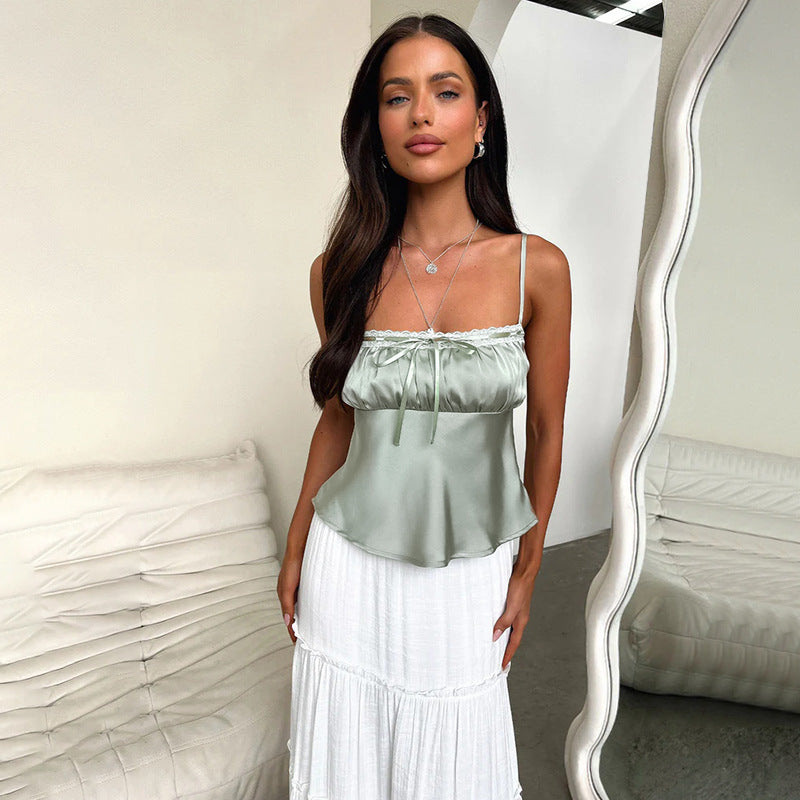 Damen elegantes Satin-Cami-Top mit Spitze und verstellbaren Trägern Drune