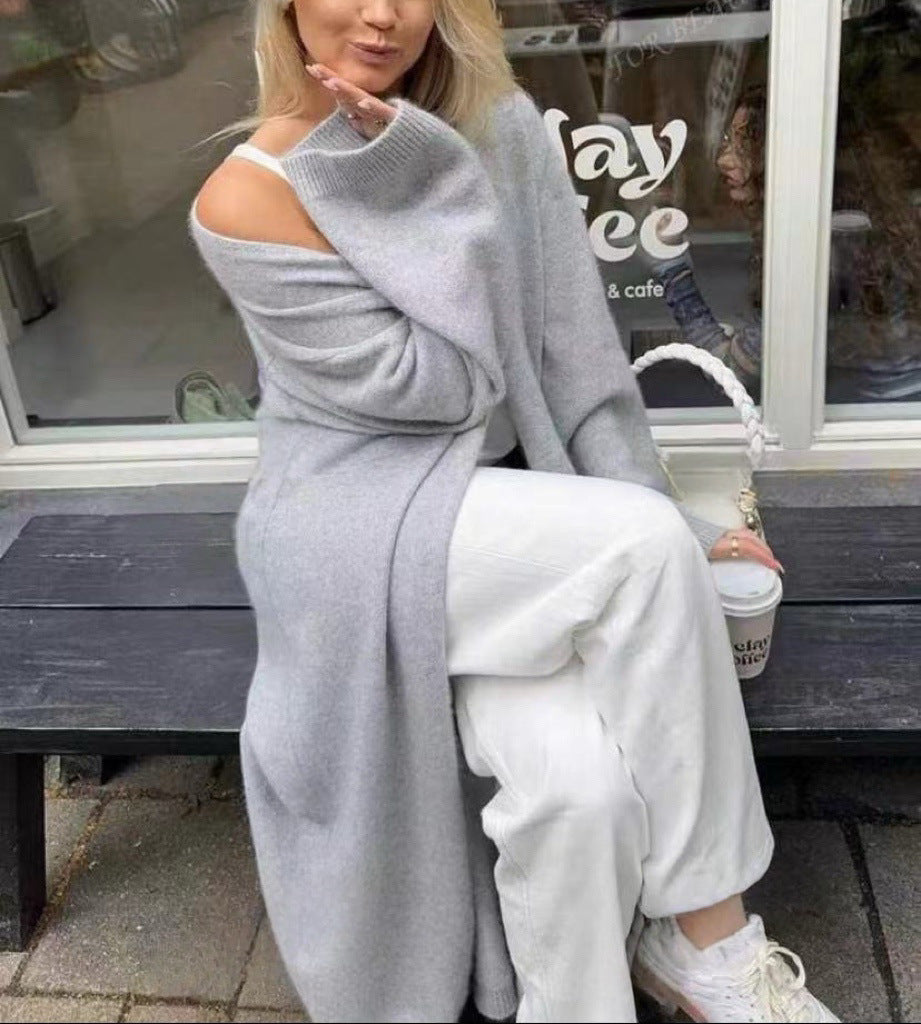 Damen Langer offener Strickmantel-Cardigan mit schulterfreiem Oversize-Schnitt und Kaschmir-Touch Drune