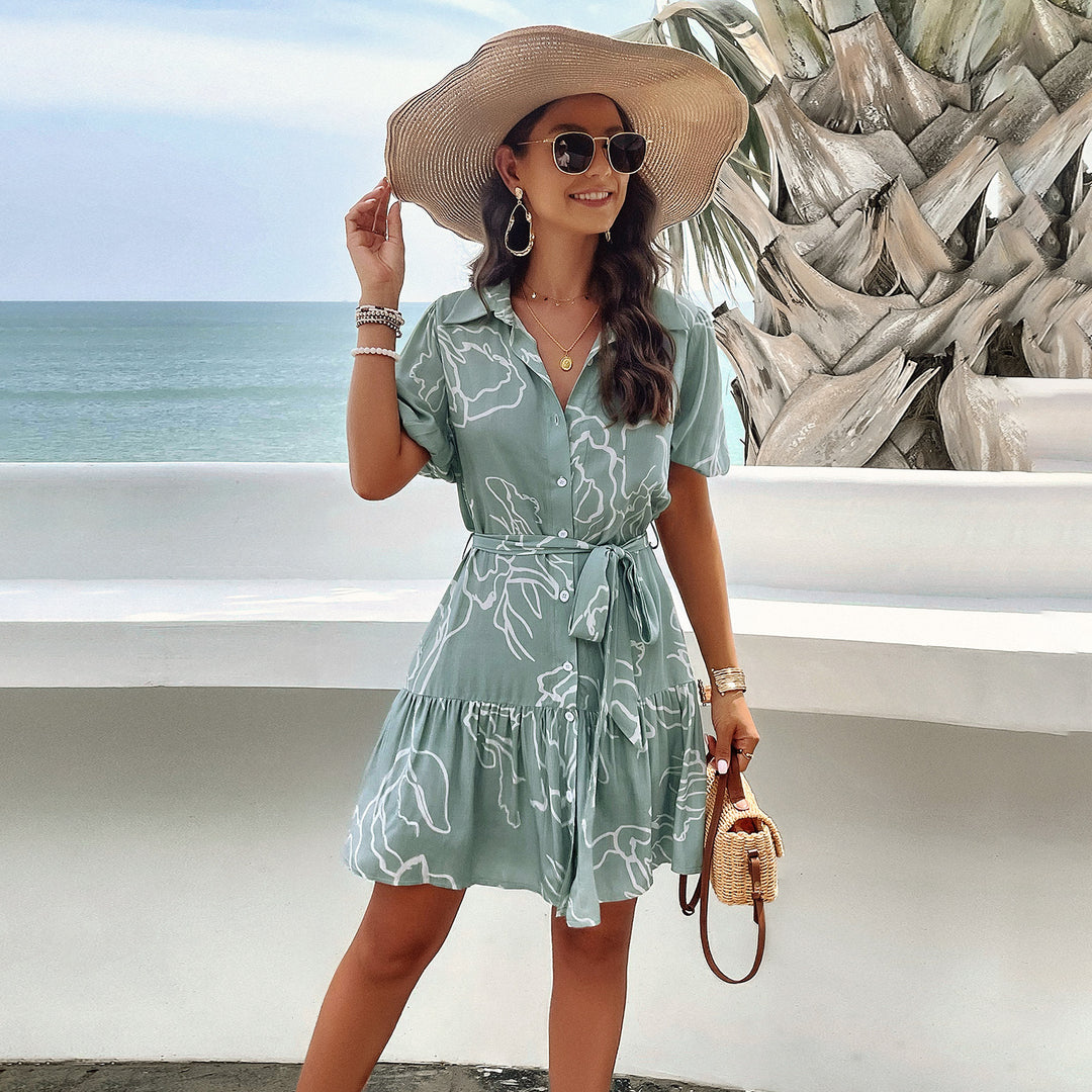 Damen Sommerliches Kleid mit Wellenmuster und Taillengürtel Drune
