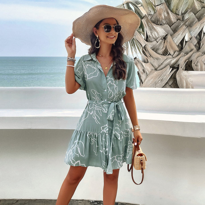 Damen Sommerliches Kleid mit Wellenmuster und Taillengürtel Drune