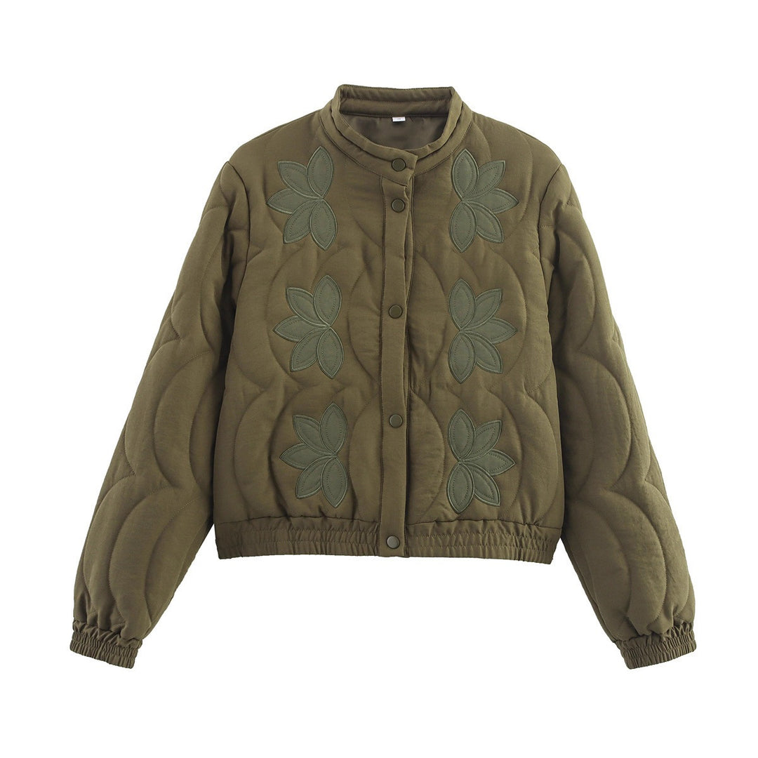 Damen Kurz geschnittene gesteppte Jacke mit Blumenapplikation und Stehkragen Drune