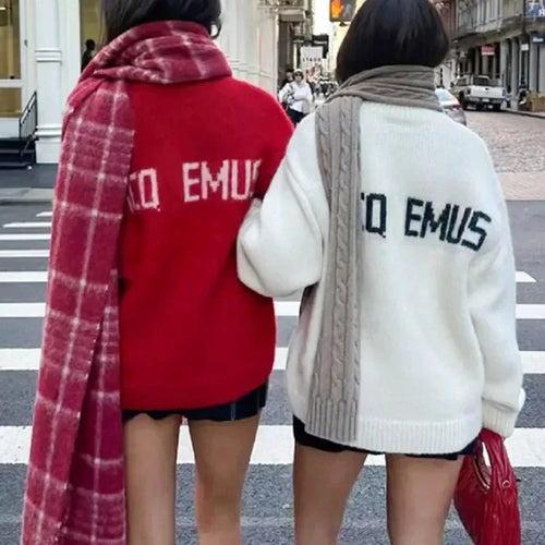 Damen Gemütlicher Strickpullover mit auffälligem Schriftzug Drune