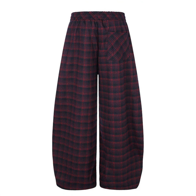 Damen Karierte Palazzo-Hose im Loungewear-Stil mit weitem Bein, elastischem Bund und Tunnelzug Drune