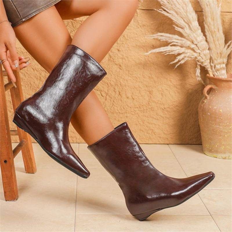 Damen Midi‑Stiefeletten mit spitzer Zehenform, Veloursleder‑Optik und schlankem Keilabsatz Drune