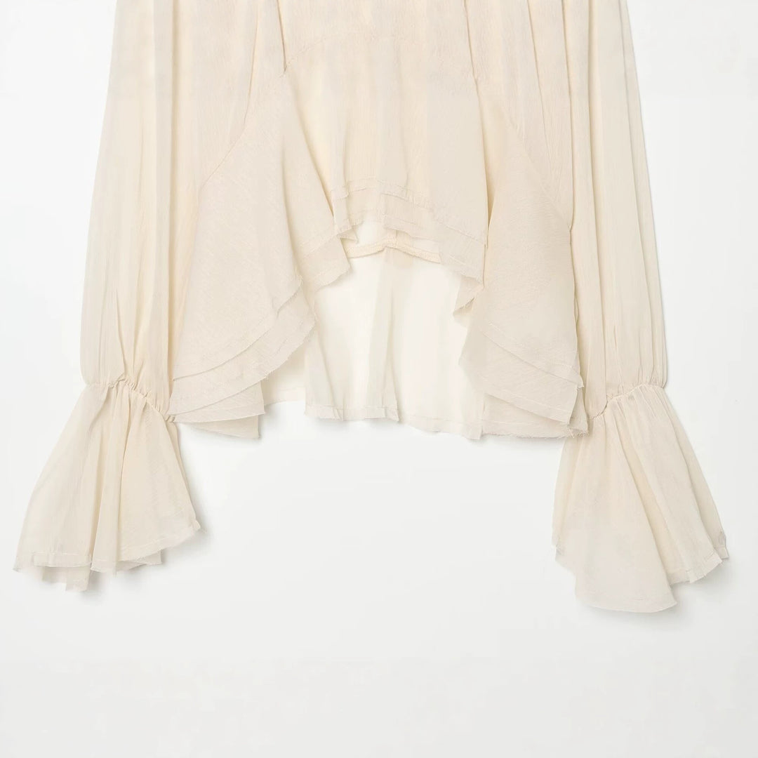 Damen Asymmetrische Volant-Bluse mit hohem Vorderteil, tiefem Rückteil und Trompetenärmeln Drune
